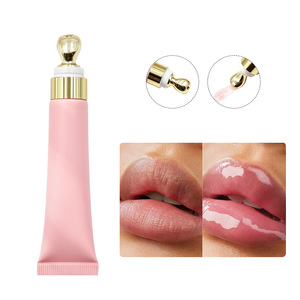 Brillo labial vegano transparente con sabor a frutas, voluminizador de labios, aceite labial con tinte de frutas, etiqueta privada, en tubo rosa con aplicador de masaje. - Product Image 1