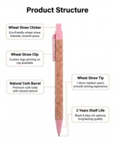 Stylo bille rétractable écologique en liège avec clip en paille de blé 1,0 mm, personnalisable avec logo, cadeau promotionnel pour le bureau et l'école