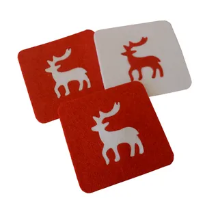 Christmas decoration engraved reindeer snowflake 10cm dia square red table placemats polyester felt coasters for cup drinking