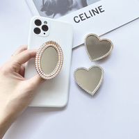 Support de téléphone portable en forme de cœur avec strass et miroir, extension de poignée, accessoire pour téléphone mobile