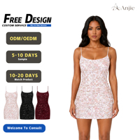 Anjie OEM ODM Vestido Mini Bodycon Rosa de Lentejuelas para Mujer, Etiqueta Privada Personalizada, con Tirantes Fruncidos, para Club y Fiesta de Graduación, Venta al por Mayor