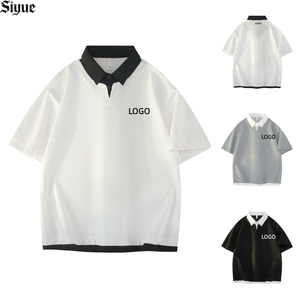 T-shirt minimaliste pour <span class=keywords><strong>homme</strong></span> à rayures contrastées, coupe ample et carrée, col Johnny, streetwear, manches courtes, texture gaufrée - Product Image 1