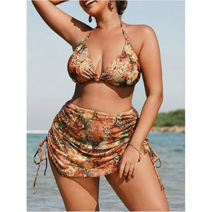FOXA Ensemble bikini 3 pièces pour femme, grande taille, motif floral léopard, triangle à bretelles avec jupe de plage - Product Image 3