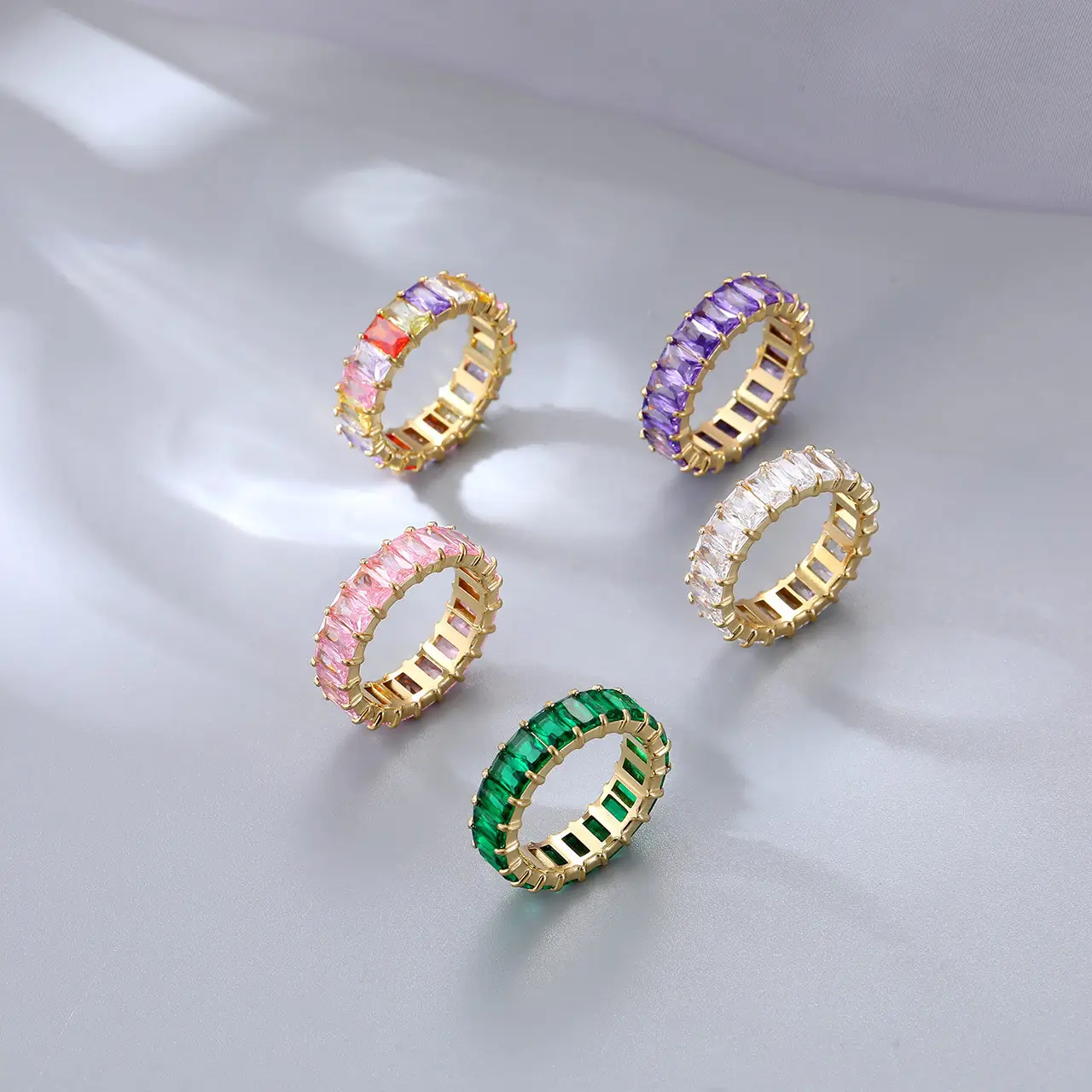 High End Colorful Pink Green Baguette Women Cz Stone Jewelry 18K Gold Plated Stainless Steel Pave Cubic White Zircon Ring