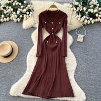 Robe décontractée élégante pour femme WIWT à manches longues, plissée, coupe trapèze, avec col tailleur et boutons décoratifs, idéale pour le quotidien et les soirées