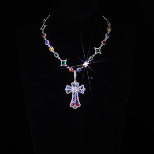 NUOYA 아이스드 아웃 컬러풀 십자가 펜던트 목걸이, 골드 도금 라지 바게트 CZ 다이아몬드 커스텀 참 디자인 힙합 주얼리 - Product Image 3