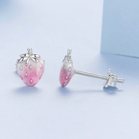 Boucles d'oreilles clous fraise en argent sterling 925, émail rose dégradé, plaqué rhodium or blanc, bijoux cadeau pour femme, idéal pour les fêtes BSE1189