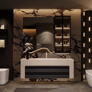 French style luxury rock slab integrated basin suspended design, modern intelligent mirror bathroom cabinet - Product Image 5