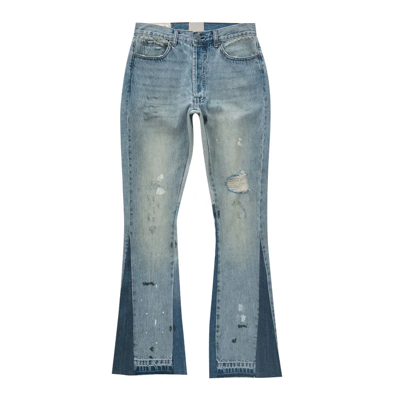 Yüksek kaliteli özel OEM fabrika Bacteriostat Fiber Vintage Slim Fit yırtık kot çan alt kot alevlendi pantolon erkekler