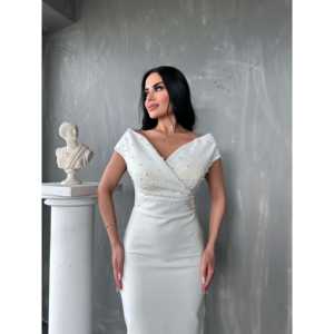 Robe de bureau élégante à épaules dénudées, coupe fourreau, taille naturelle, en tissu tissé blanc, ajustement confortable - Product Image 5