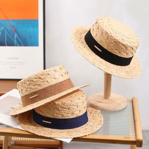 Chapeau de paille personnalisé Lafite avec ruban décoratif, à bord plat, pour femme, collection Printemps-Été 2024 - Product Image 1