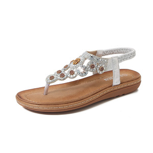 Elegant Floral Rhinestone T-Strap Flat <b>Sandals</b> With Back Strap Open Toe Slip-On Women's Summer Shoes - Product Image 5