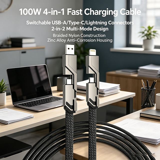 100W 4-in-1 USB C Fast Charging Cable Braided Zinc Alloy Multi Connector for iPhone Android Braided 2-in-2 PD 100W