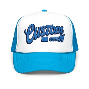 Casquette Trucker en Maille Respirante Bleue avec Impression Personnalisée de Votre Logo, Motif Artistique en Relief, Logo Brodé 3D, Casquette Trucker en Mousse Crème - Product Image 1