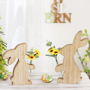 Easter Bunny Wooden Decor Stand Natural Wood Rabbit Flower Vase Indoor Easter Decoration 13x24x2cm And 14.3x18.5x2cm - Product Image 1