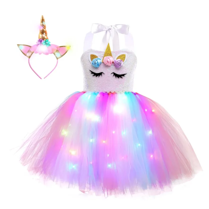 Heiße LED-Licht Einhorn Kinder Kleider Mädchen Party Kostüm Halloween Prinzessin Kleid Kinder Tutu Rock mit Licht Set