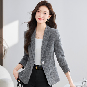Women's Casual Blazer Gray Solid Color Polyester Worsted Anti-Wrinkle Spring Autumn 2024 Short Fit High-End Feel - Product Image 1