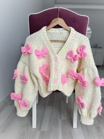 Cardigan d'hiver en tricot à manches longues avec nœud rose épais et court avec crochet brodé de fleurs pour femmes