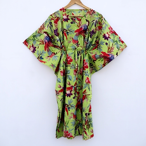 Robes kaftan en coton pour femmes, 100% coton, imprimé oiseaux, coupe ample, col en V, imprimé numérique, vêtements de détente d'été, robe de nuit - Product Image 1