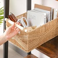 Cesta de Almacenamiento Rectangular de Cuerda de Papel Ecológica Moderna al por Mayor con Asas de Madera, Multiusos para el Hogar y Dormitorio