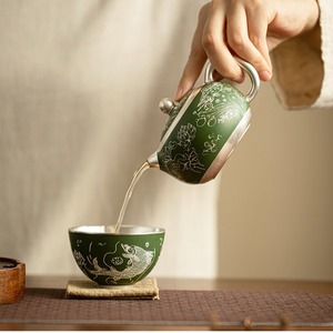 Théière en porcelaine He Fusen, motif algues vert foncé, avec couvercle en argent 999, style oriental, coffret cadeau - Product Image 3