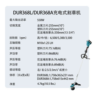 มากีต้า DUR368L DUR368A เครื่องตัดหญ้าไร้สาย 550W ใบมีดโลหะ 255 มม. แบตเตอรี่ลิเธียมแบบชาร์จไฟได้ 36V เครื่องตัดหญ้า - Product Image 1