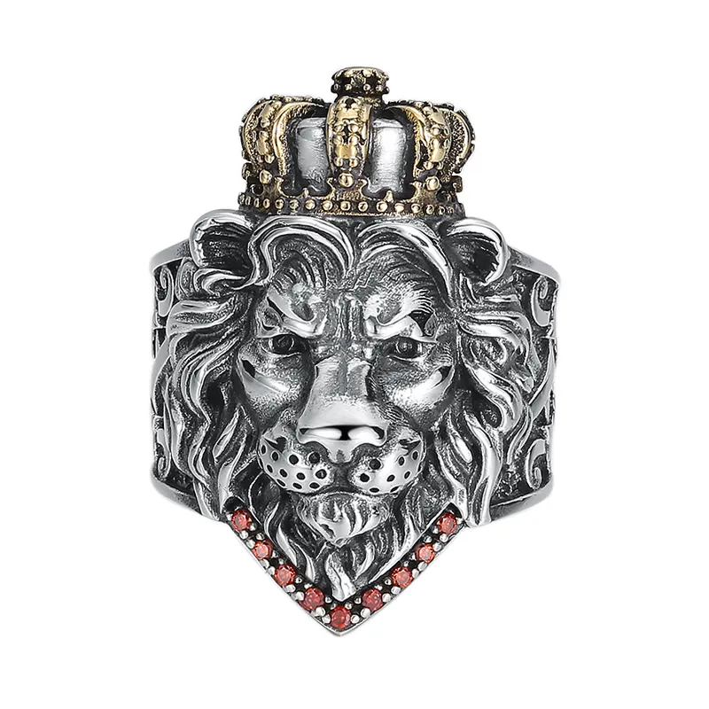 S925 Silver Men's Personalized Punk Style Crown Lion Open Ring Exaggerated Food Ring Fashion Jewelry