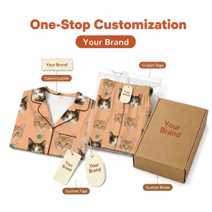 Pijamas a Cuadros con Cara de Gato Personalizada, <span class=keywords><strong>Manga</strong></span> Larga, Cuello de Solapa, Ropa de Dormir para Mujer, Ropa de Casa con Foto Personalizada, Dropshipping MOQ 1 - Product Image 4