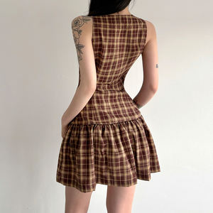 Summer Sleeveless Button Plaid Woven Digital Natural Waist A-Line Vintage Tartan Preppy Style Washable Color Block <b>Dress</b> - Product Image 3