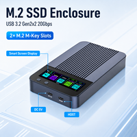 Casing Hard Disk Eksternal Dual Bay Aluminium Smart LCD 20Gbps USB3.2 Gen2x2 RAID0/1/JBOD Kloning Offline NVMe SATA M-Key 8TB