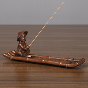 Quemador de incienso de bronce con diseño de barco de bambú estilo Gu Weng para uso religioso - Product Image 2