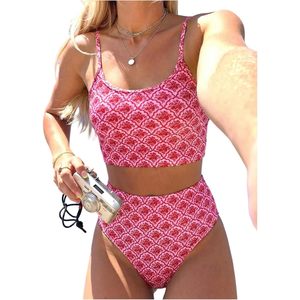 FOXA Conjunto de traje de baño tankini de 2 piezas para mujer, top corto con tirantes finos, estampado floral bohemio, traje de baño elástico tipo bikini - Product Image 1