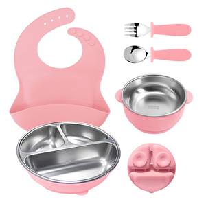 Juego de alimentación para bebés sin BPA, no tóxico, plato de succión de acero inoxidable azul con diseño de animales adorables - Product Image 6