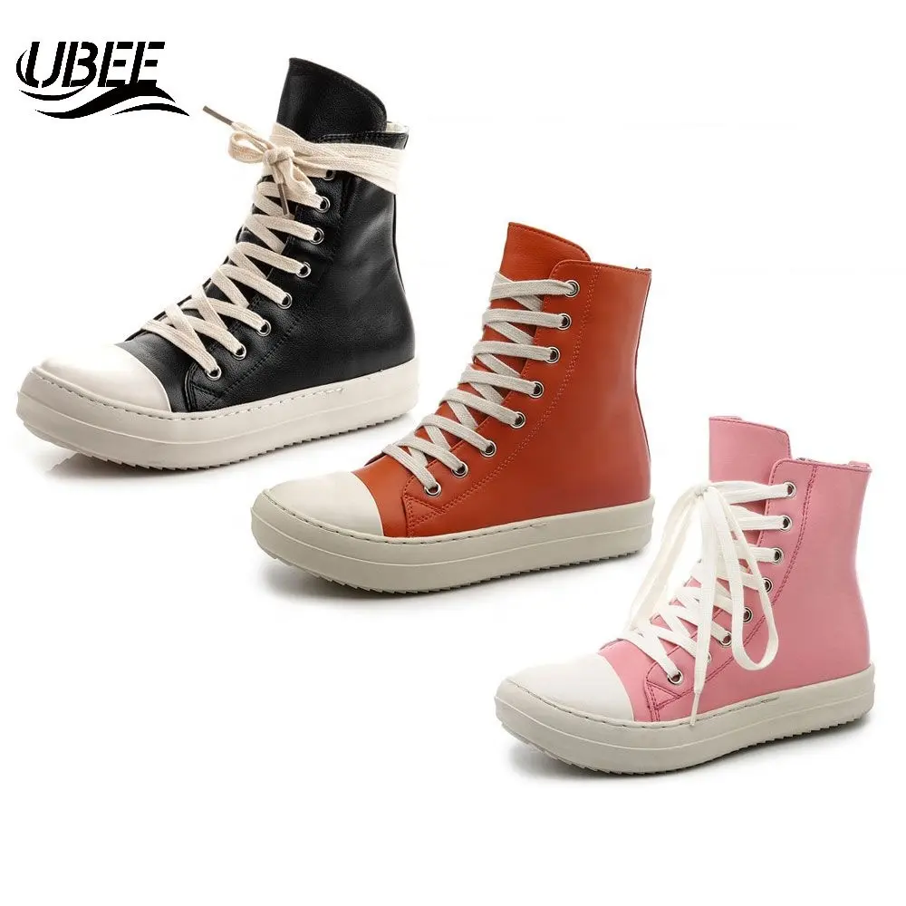 2022 New Arrivals Autumn Winter Female Ladies Flat Lace Up Zipper Leather Designer High Top Sneaker Chunky Women's Casual Shoes