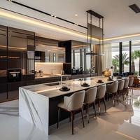 Meubles de cuisine haut de gamme modernes et luxueux avec îlot LED, solution clé en main pour toute la maison, gris brillant, quartz, contreplaqué