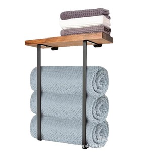 Wooden Wall Mounted Metal Towel Rack 3 <b>Bars</b> Organizer <b>Shelf</b> For Bathroom Towels Storage - Product Image 5