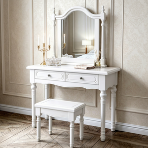 Classic Solid Wood Vanity Table Set with Adjustable <b>Mirror</b> & Stool, 2 Storage Drawers Makeup Desk for Bedroom Dressing Table - Product Image 1