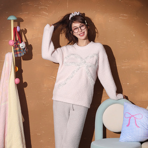 TPY0 Winter Women's Two Piece Set Polyester Breathable Cute Sweet Style Long Tops <strong>Pants</strong> Solid Home Pajamas - Product Image 2