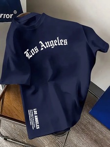 Camiseta de Verano para Hombre, de Algodón, Manga Corta, Cómoda, Informal, con Estampado de Letras de Los Ángeles, Suave, Sólida, Corte Holgado, de Calidad, con Contraste de Color - Product Image 3