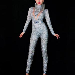 Body da Cantante Sexy con Strass Floreale, Aderente a Maniche Lunghe, Abbigliamento da Club, Tuta Slim da Donna per Danza, Serate e Spettacoli - Product Image 1