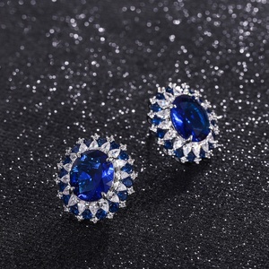 Fashion Eco-friendly Copper Oval Cut 12*16mm Blue Zircon <b>Earrings</b> Ring <b>Set</b> Fine Jewelry <b>Sets</b> 3 Piece for Evening Party Look - Product Image 4