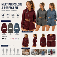 Ensemble décontracté deux pièces : short et sweat à capuche court zippé en molleton, taille élastique, en coton léger, pour femme, idéal pour l'été