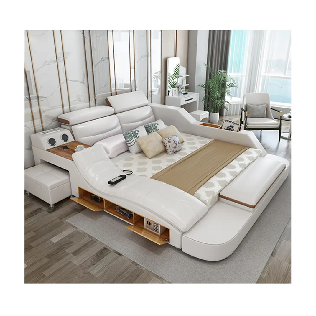 CBMmart الحديثة تدليك تخزين أثاث غرفة نوم الملك حجم جلد خشبية غطاء سرير