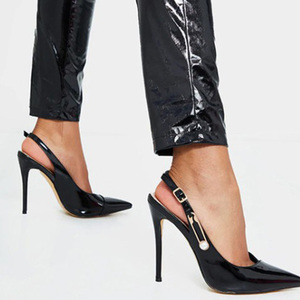 Reflective PU Upper Ankle Buckle Strap Women Dress Shoes High Thin Heel Solid Pointed Toe Slingback Ladies Sandals Big Size 43 - Product Image 4