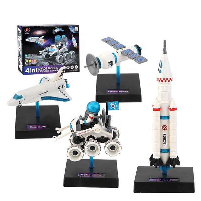 4 in 1 DIY Assembly Space Building Blocks Model Toy Kids STEM Space Shuttle Rocket Car Satellite Bricks Building Kits with Light