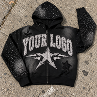 Sweat à capuche zippé intégral 450 GSM épais, délavé vintage, avec applique en strass, pour homme, personnalisable, OEM, marque privée, fabricant de streetwear