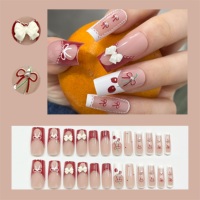 Faux ongles longs en ABS à presser, motif 3D nœud papillon cerise, faits main, style cercueil, dentelle française, pour les mains