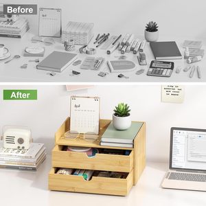 Office Organizer Wooden Desktop Storage <b>Box</b> With Drawers Multi Level <b>File</b> Rack Bookshelf Rectangle Standing Type - Product Image 4