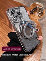 Étui de téléphone de luxe avec bordure en diamant scintillant pour iPhone 18 17 15 16 Pro Max avec support magnétique pour miroir de maquillage pliable et coque arrière