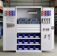 Armoire de rangement industrielle moderne en acier avec porte verrouillable, étagères réglables et porte perforée pour garage
